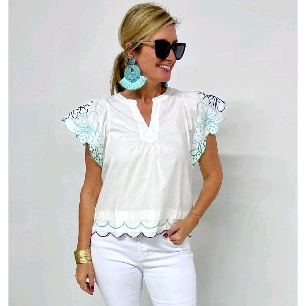 Oddy Embroidered Floral Scalloped Top - 3XL